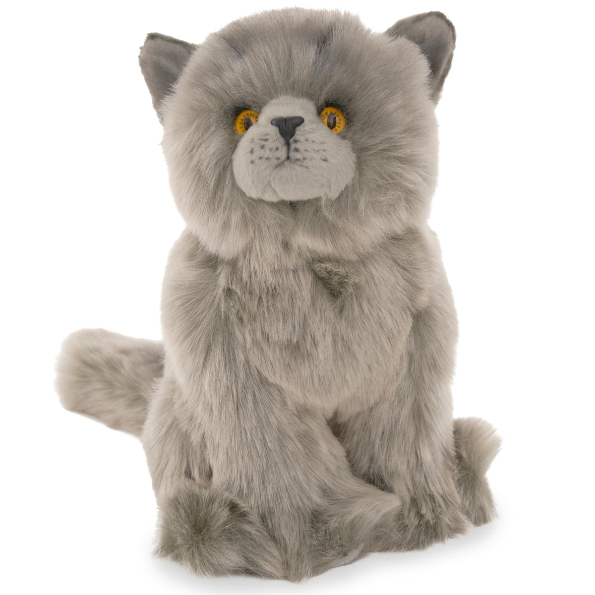Bearington Gordie grey cat plush close-up shows soft fur for gentle hugs.