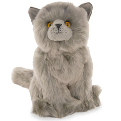 Bearington Gordie grey cat plush close-up shows soft fur for gentle hugs.