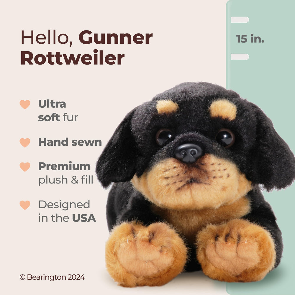 Bearington Collection Gunner plush sits with lifelike rottweiler pose for playtime