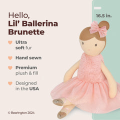 Julia ballerina doll with plush fabric, ideal for comforting hugs and playtime.