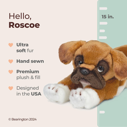 Bearington Roscoe boxer plush sitting pose ideal for cozy bedtime companionship.
