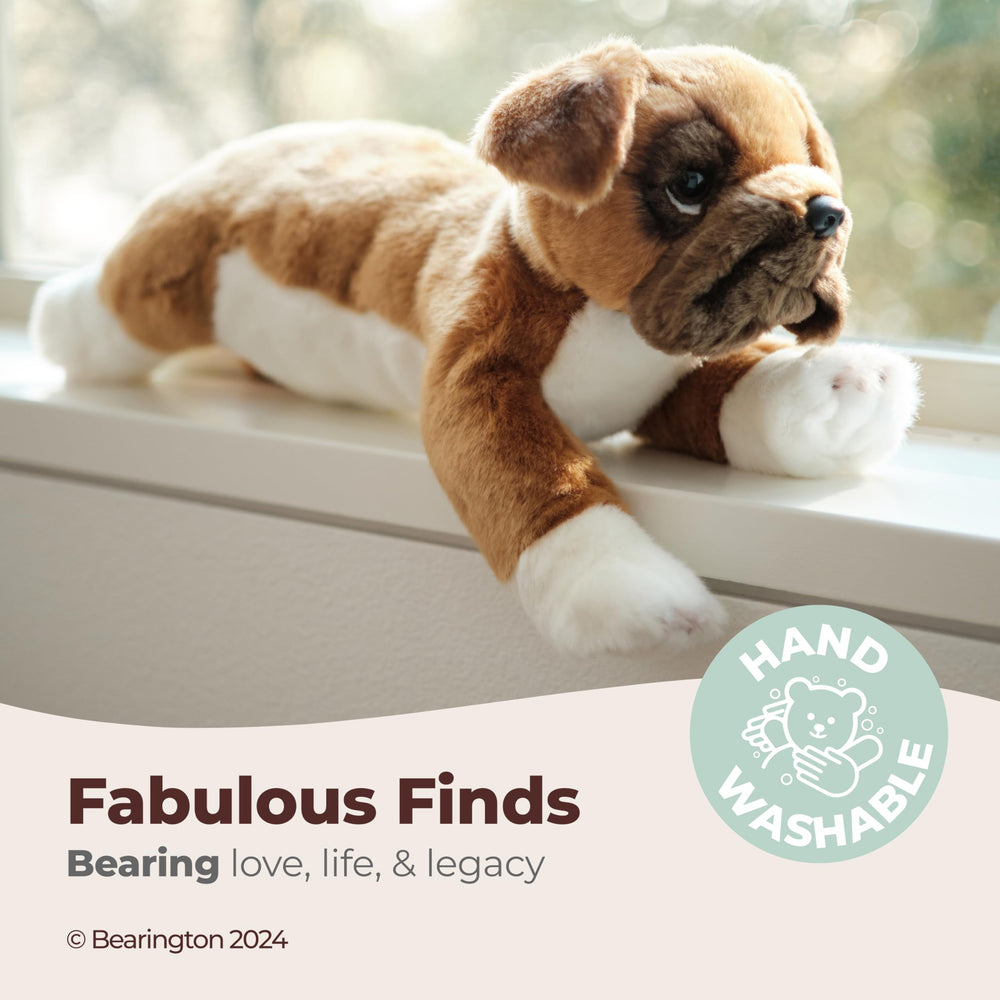 Bearington Roscoe boxer plush snuggle time showcases sparkly eyes and plush tail.
