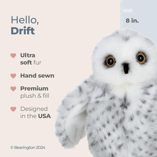 Bearington Drift Snow Owl features fluffy white fur for tactile delight during play.