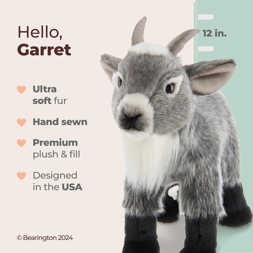 Bearington Garret Goat full body showcases sturdy, cuddly presence for hugs