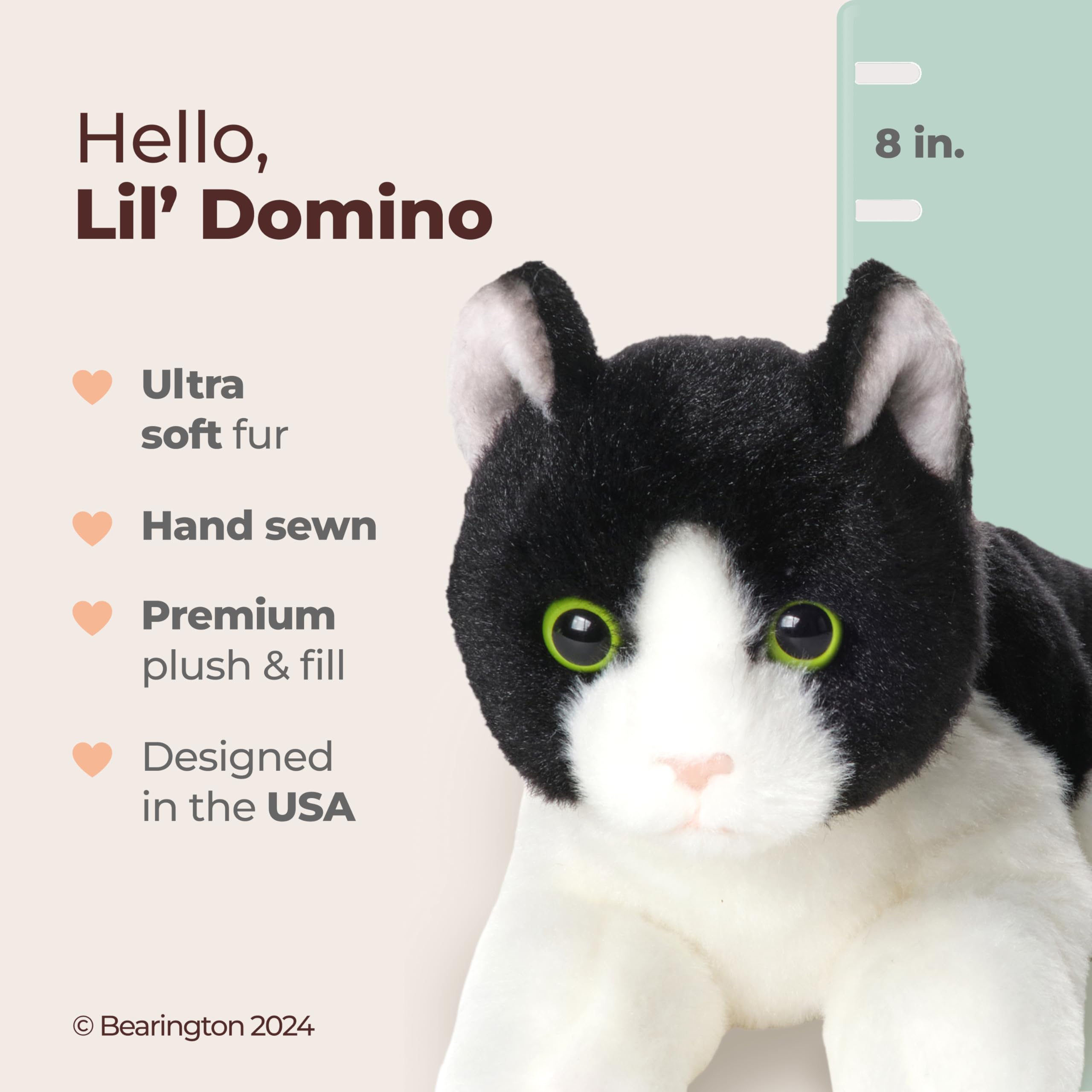 Bearington Lil’ Domino plush with hand-sewn nose, durable for kid-friendly cuddle sessions