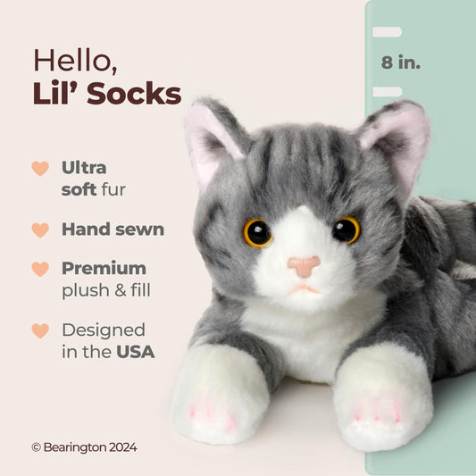 Bearington Lil' Socks cat, crouching pose: lifelike stance sparks storytelling and pretend adventures.