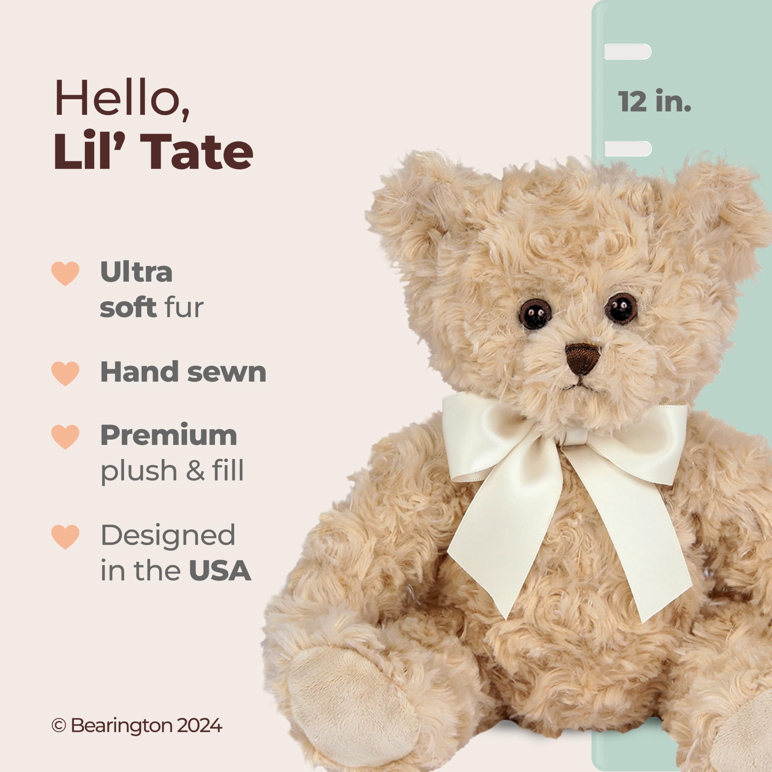 Bearington Lil' Tate teddy bear side hug demonstrating comforting cuddle during bedtime.