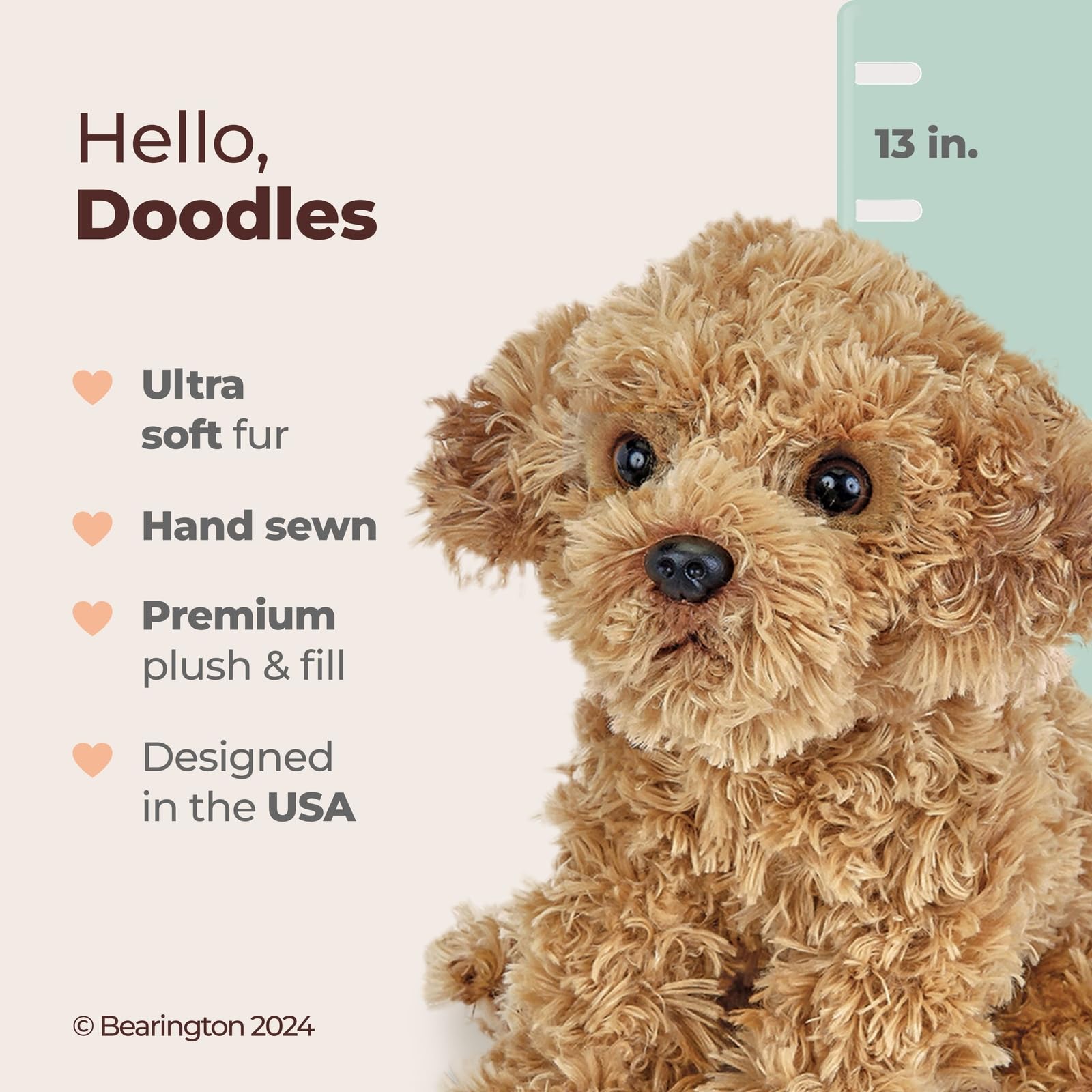 Bearington Lovely Doodles caramel dog plush with soft faux fur for warm hugs.