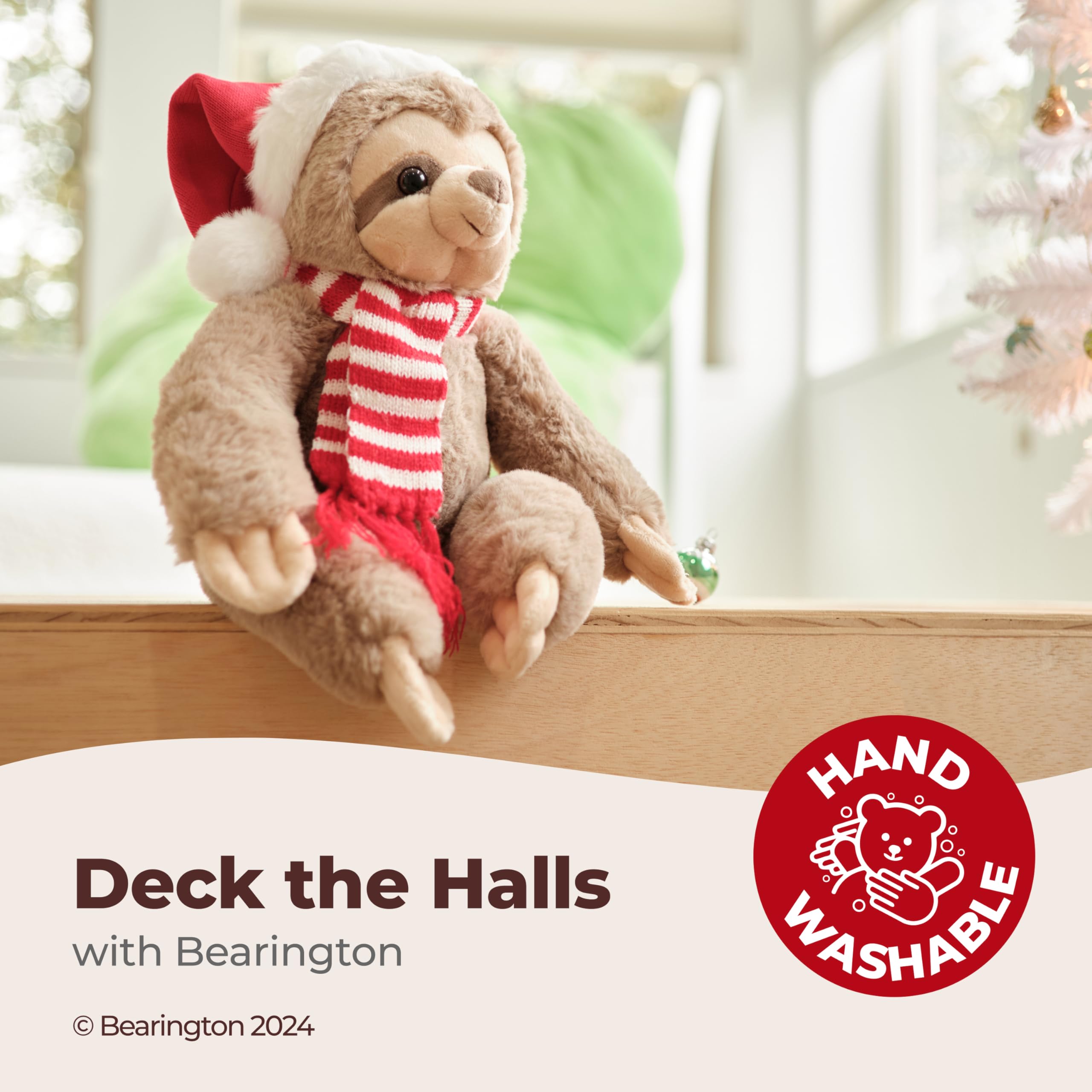 Bearington Santa Sloth hat detail highlights festive attire ideal for gifting.
