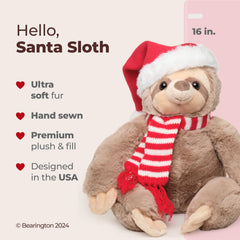 Bearington Santa Sloth plush close-up shows ultra-soft fur for comforting hugs.