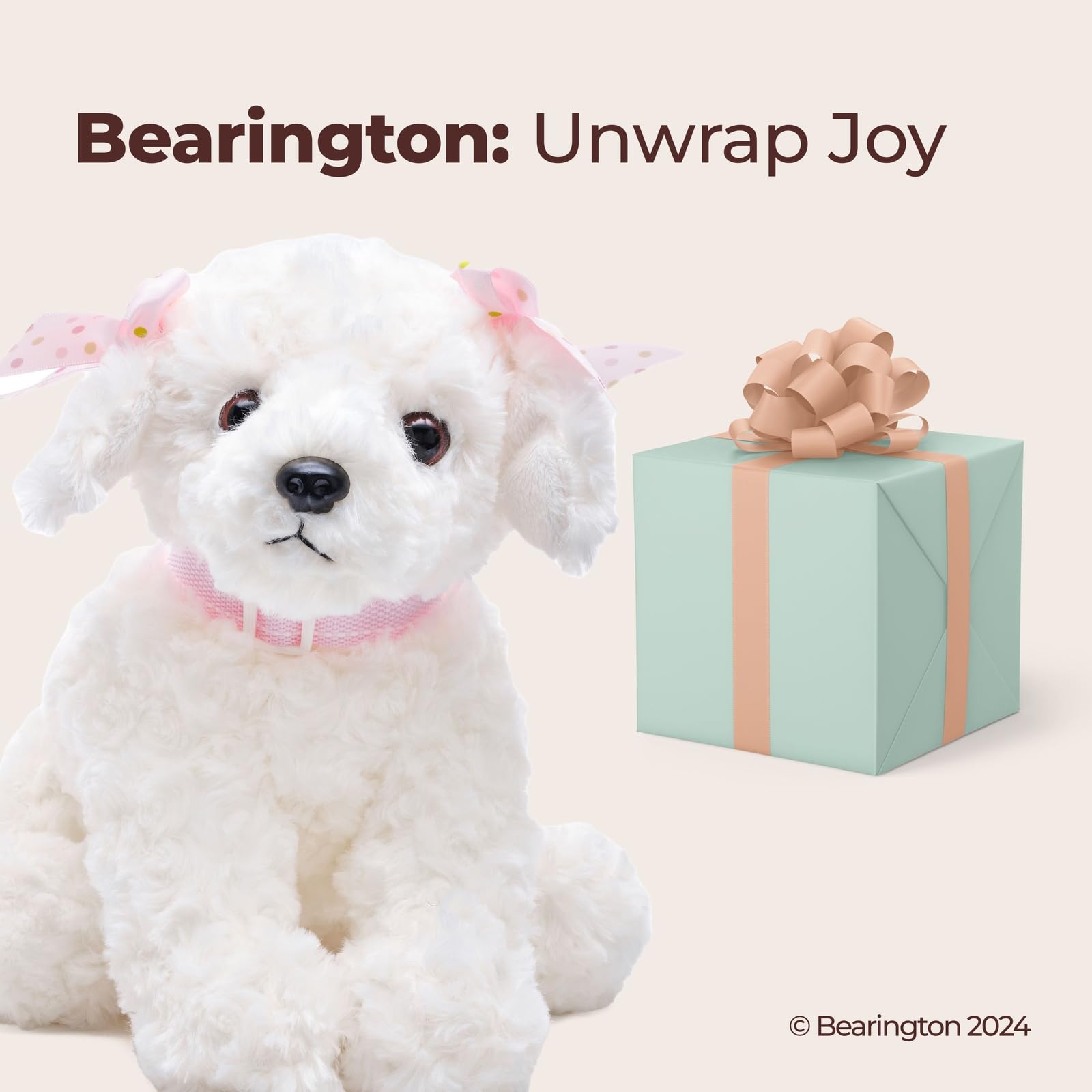 Bearington Sassy White Dog with pink bows, sweet dress-up appeal.