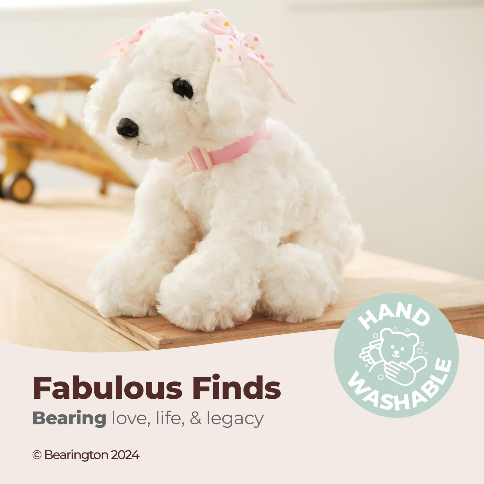 Bearington Sassy White Dog with ultra-soft fur for comforting hugs.