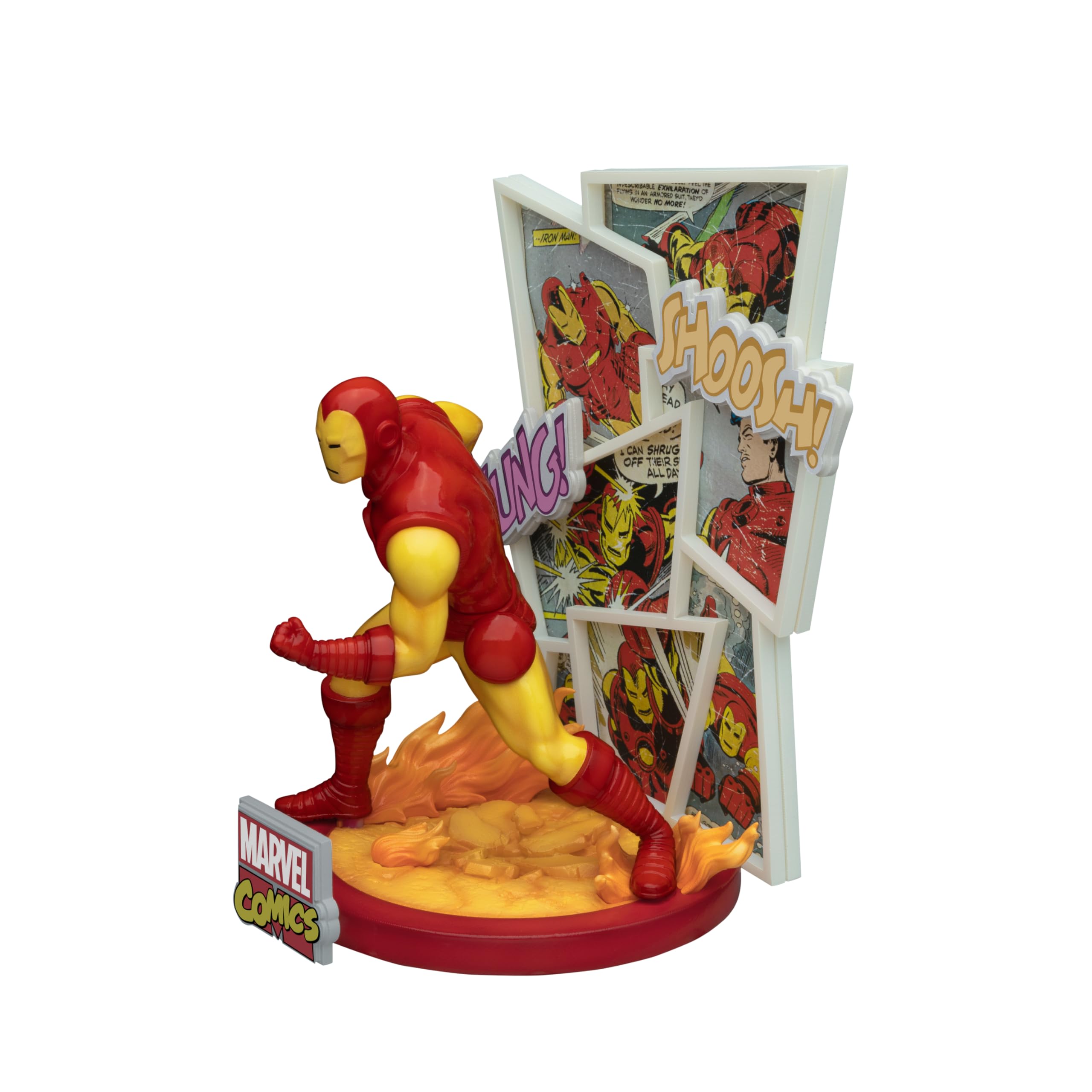 Beast Kingdom Iron Man D-Stage with comic panel backgrounds enhances display.