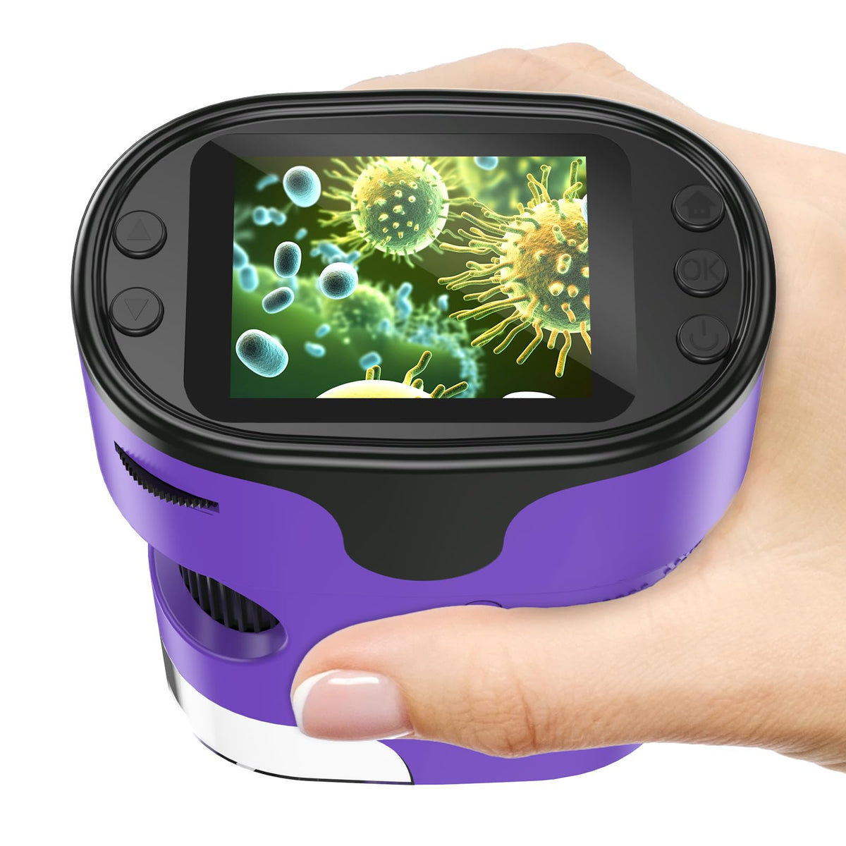 BEBANG 1000X handheld microscope front view, compact and kid-friendly for on-the-go exploration.