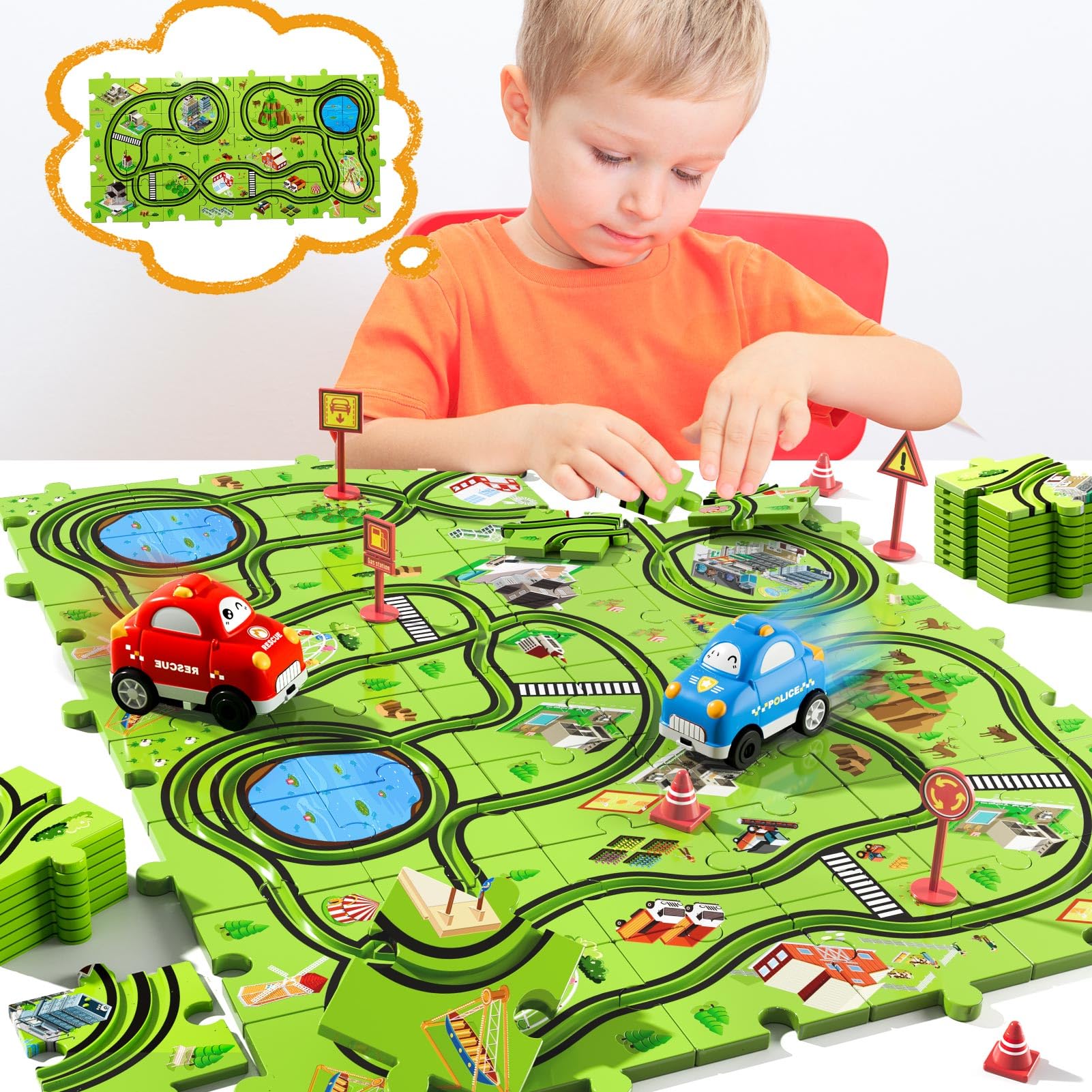 Beby Buty floor puzzle race track laid on the rug for family playtime.