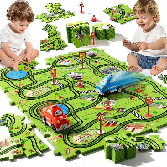 Beby Buty puzzle pieces laid out into a colorful city map for imaginative play.