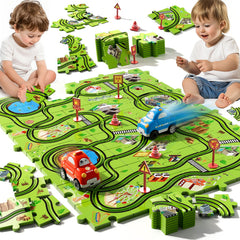 Beby Buty puzzle pieces laid out into a colorful city map for imaginative play.