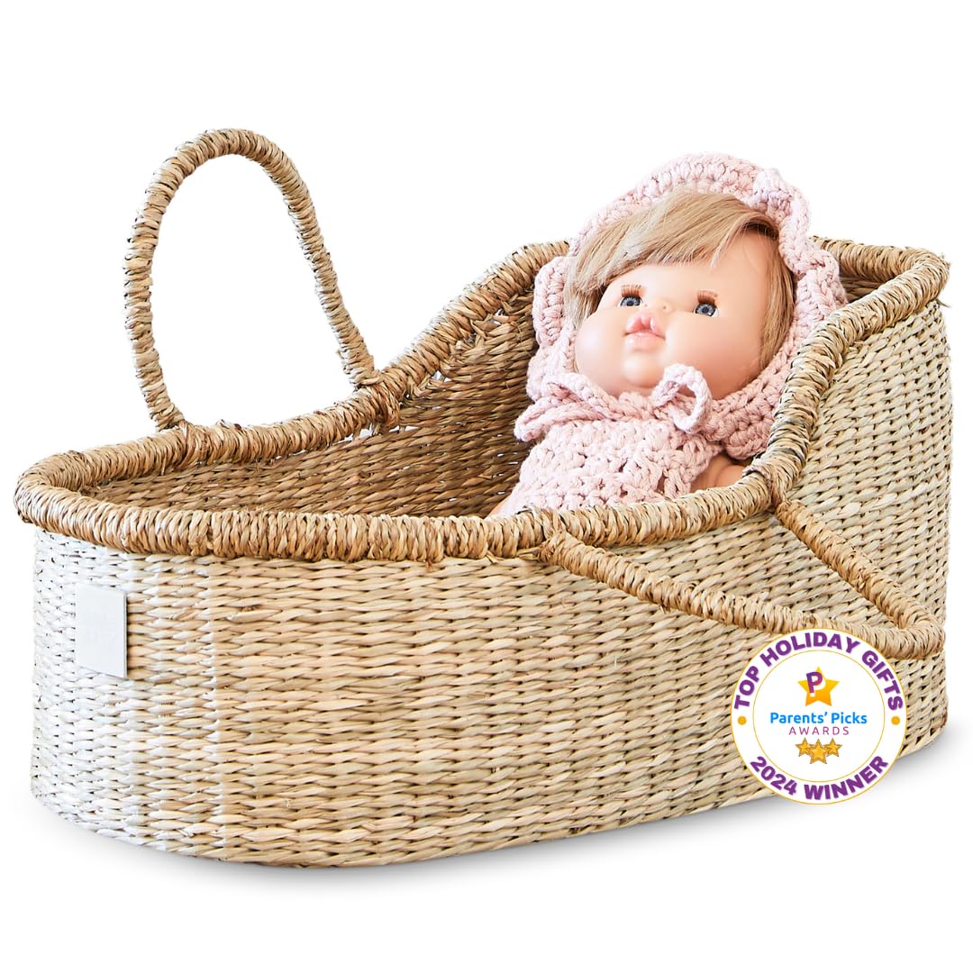 BEBE BASK dolly basket in seagrass offers stylish storage for dolls.