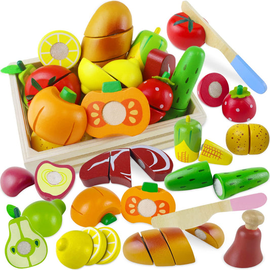Beberolen wooden tomato cutting set enhances fine motor skills and imaginative play.