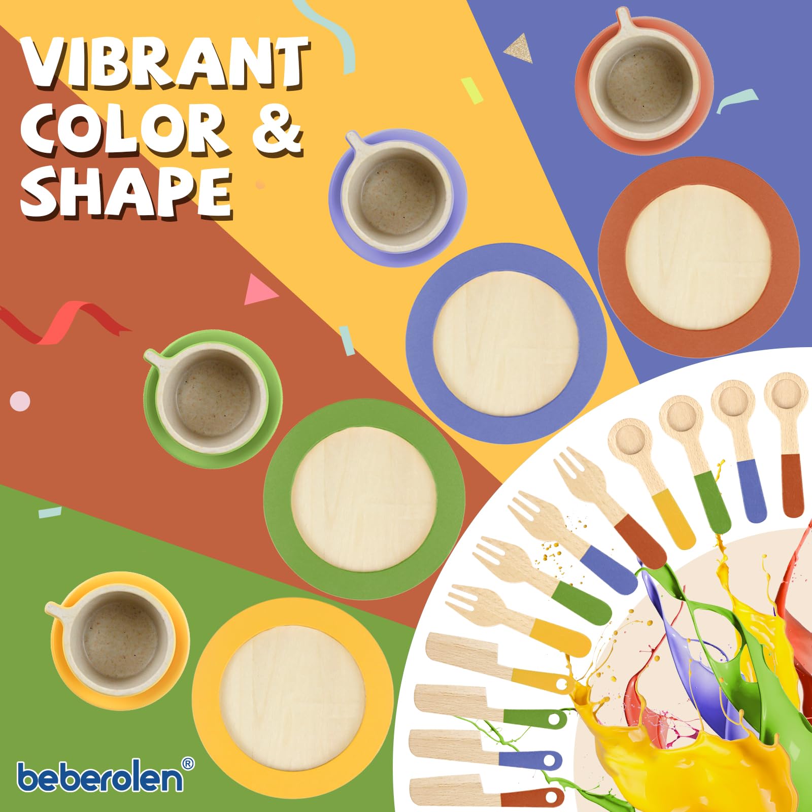 Beberolen wooden play dishes in a vibrant four-color set for creativity