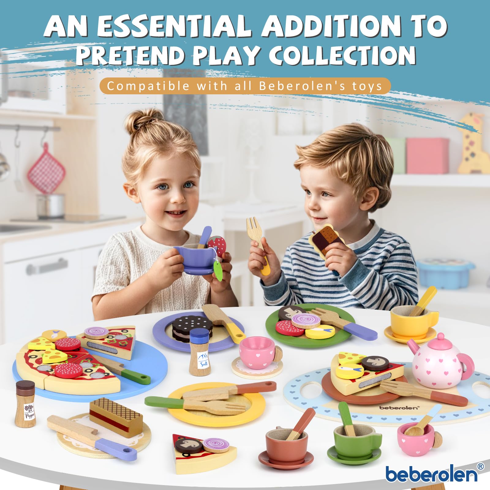 Beberolen wooden play dishes set on a bright color palette