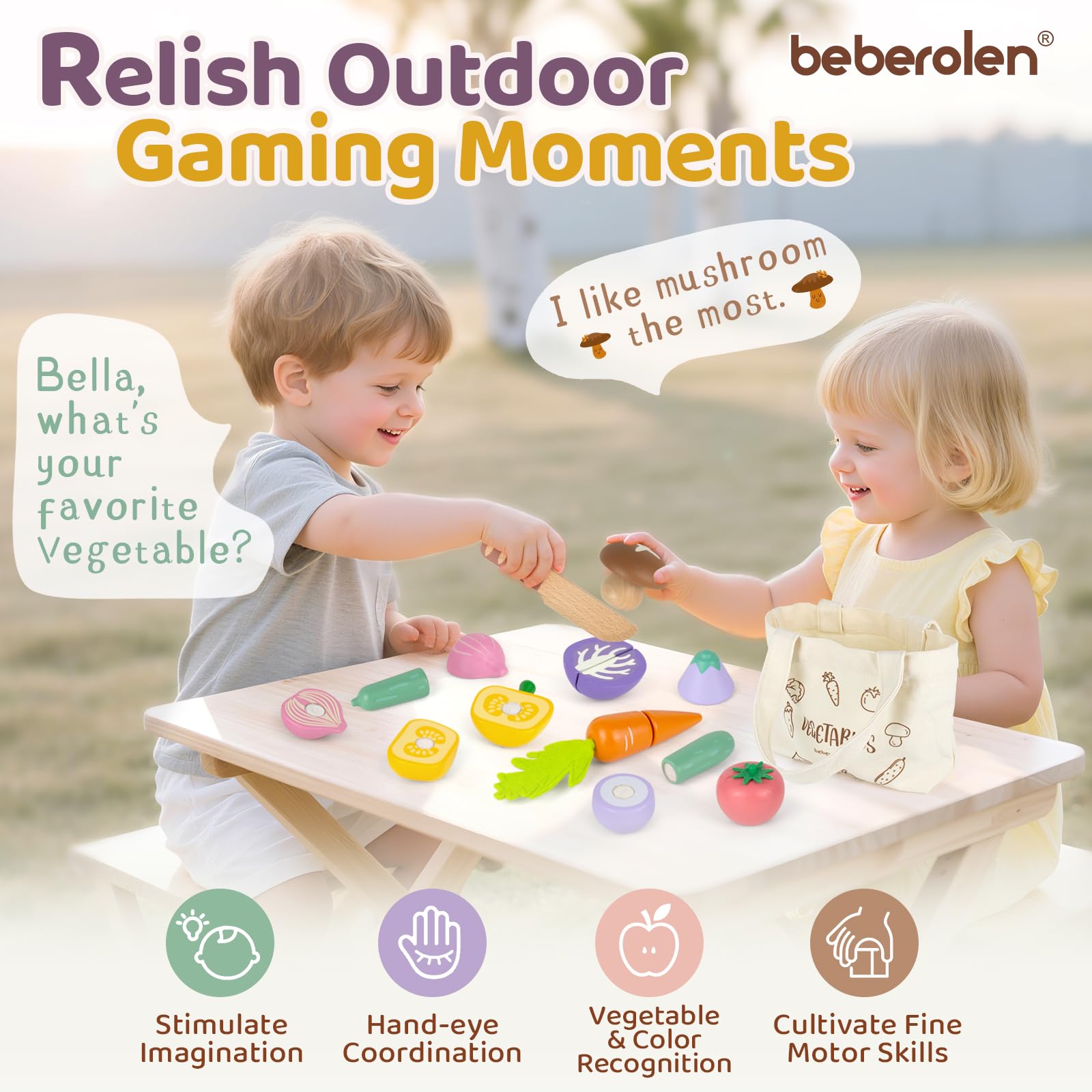 Beberolen wooden eggplant play food for imaginative banquets, fosters wooden knife skills and role play.