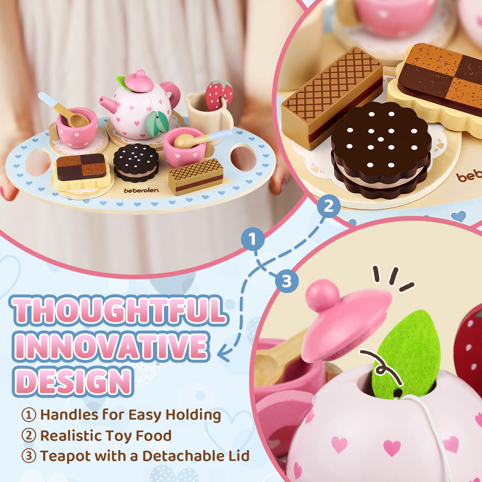 Beberolen wooden tea set spoons for precise scooping and fine motor practice.