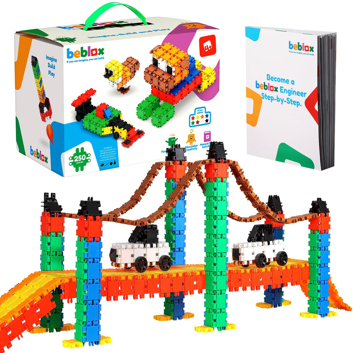 BEBLOX 250-piece building tiles used for creative, screen-free play