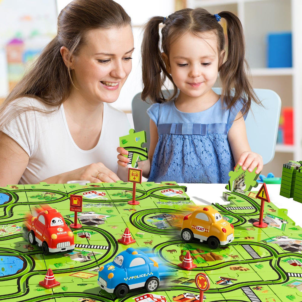 Beby Buty three cars glide smoothly along grooved tracks.