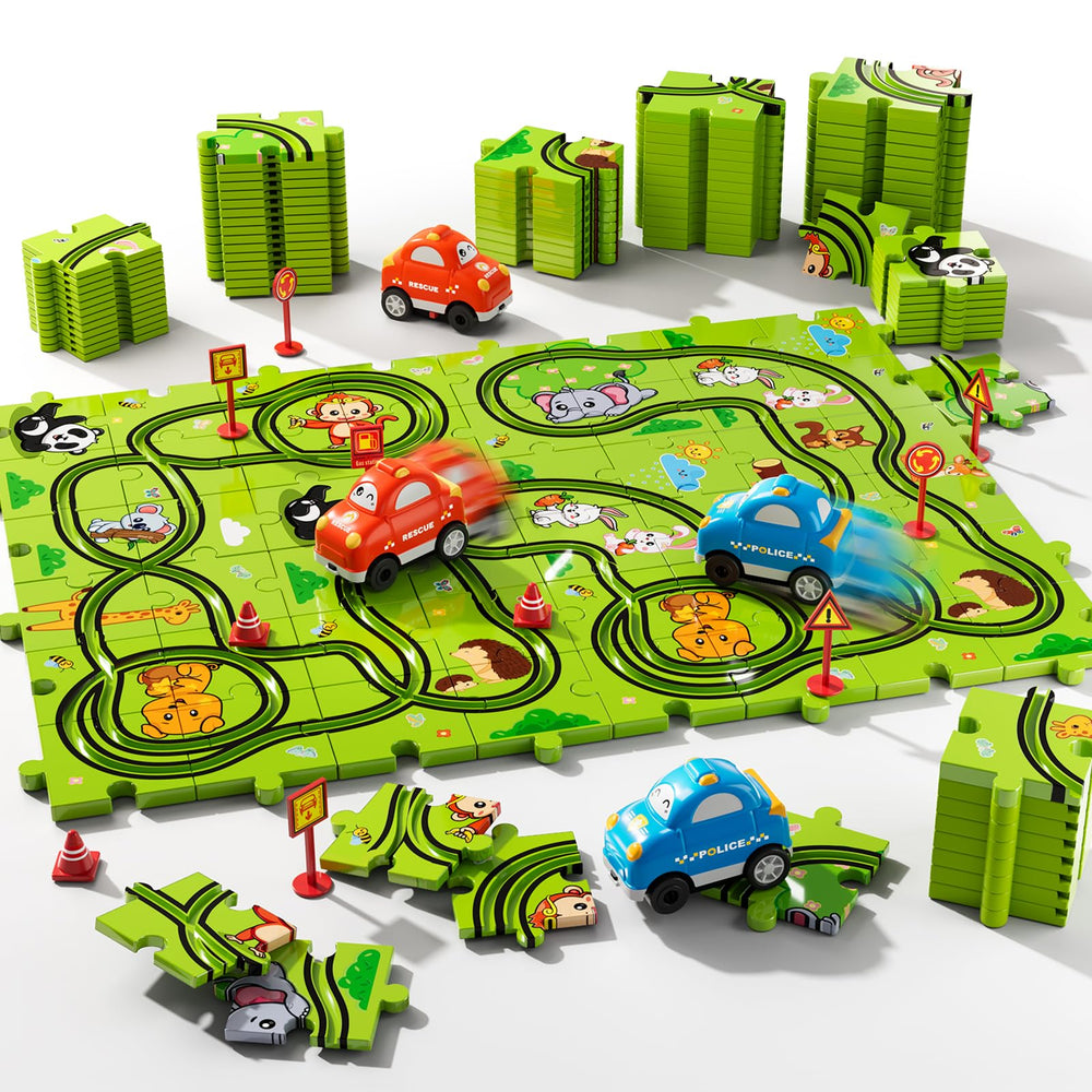 Beby Buty 48-piece puzzle tracks turn into imaginative racetrack adventures.