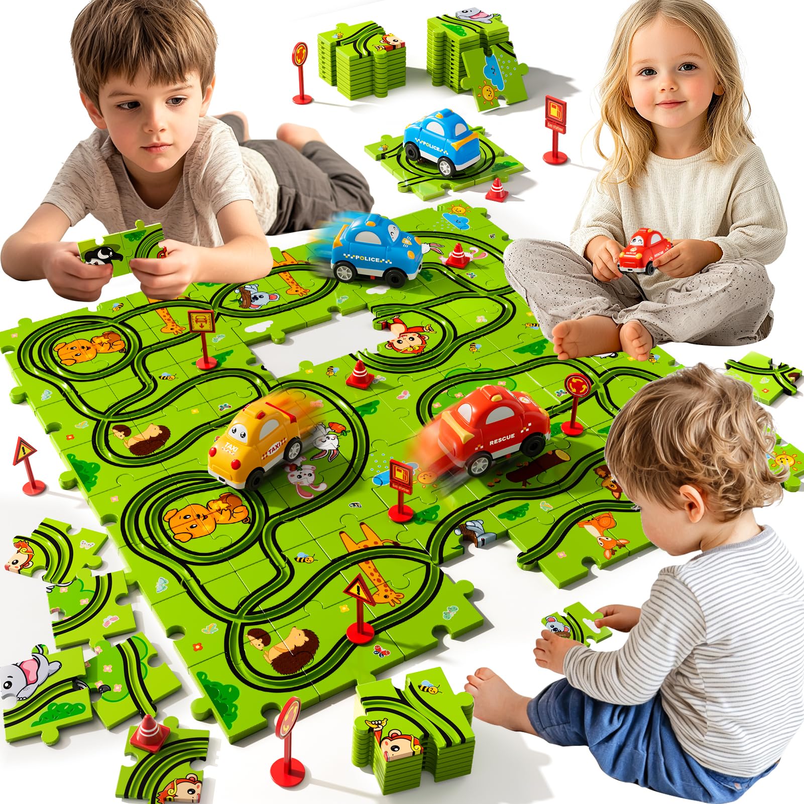 Beby Buty 64-piece puzzle track assembly for engaging, hands-on play.