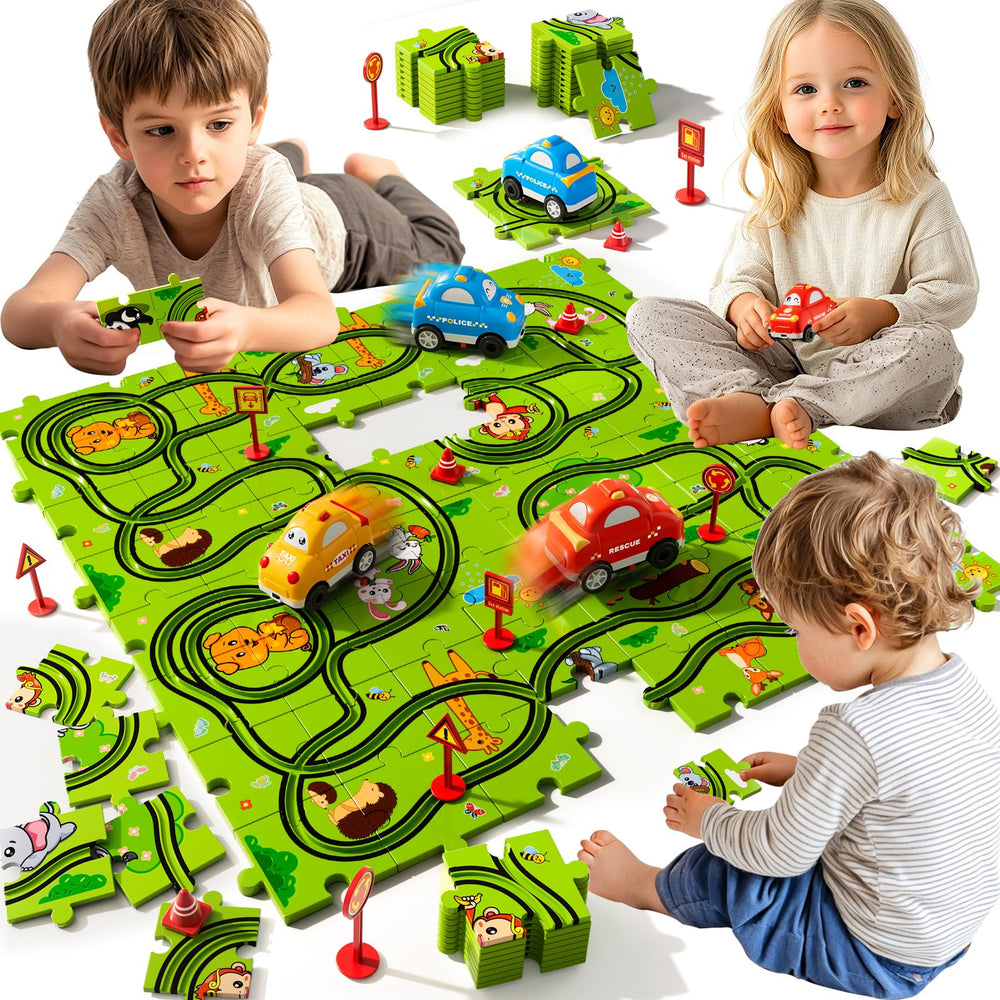 Beby Buty 64-piece puzzle track assembly for engaging, hands-on play.
