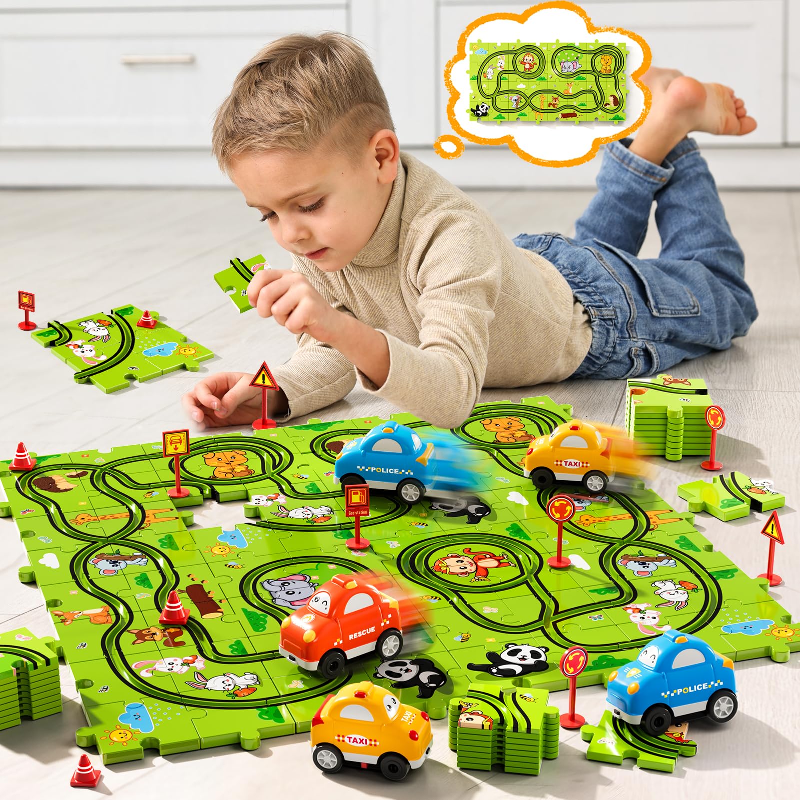 Beby Buty green animal theme track inspires creative storytelling.