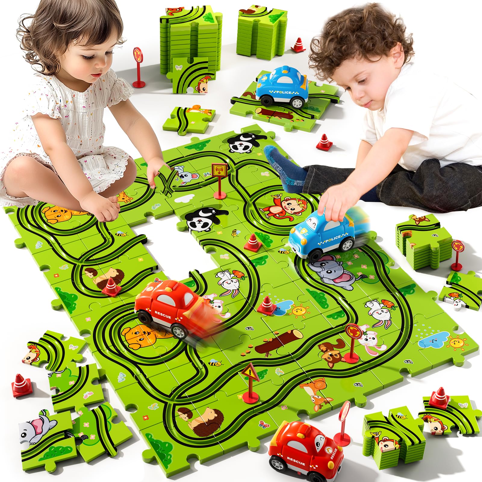 Beby Buty green puzzle pieces forming a racetrack for imaginative play and creativity.