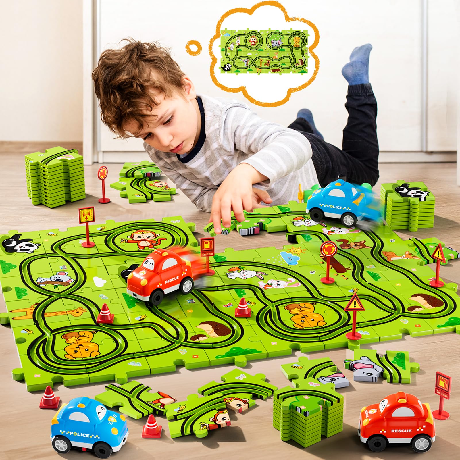 Beby Buty six road signs guide track layouts and storytelling scenarios.