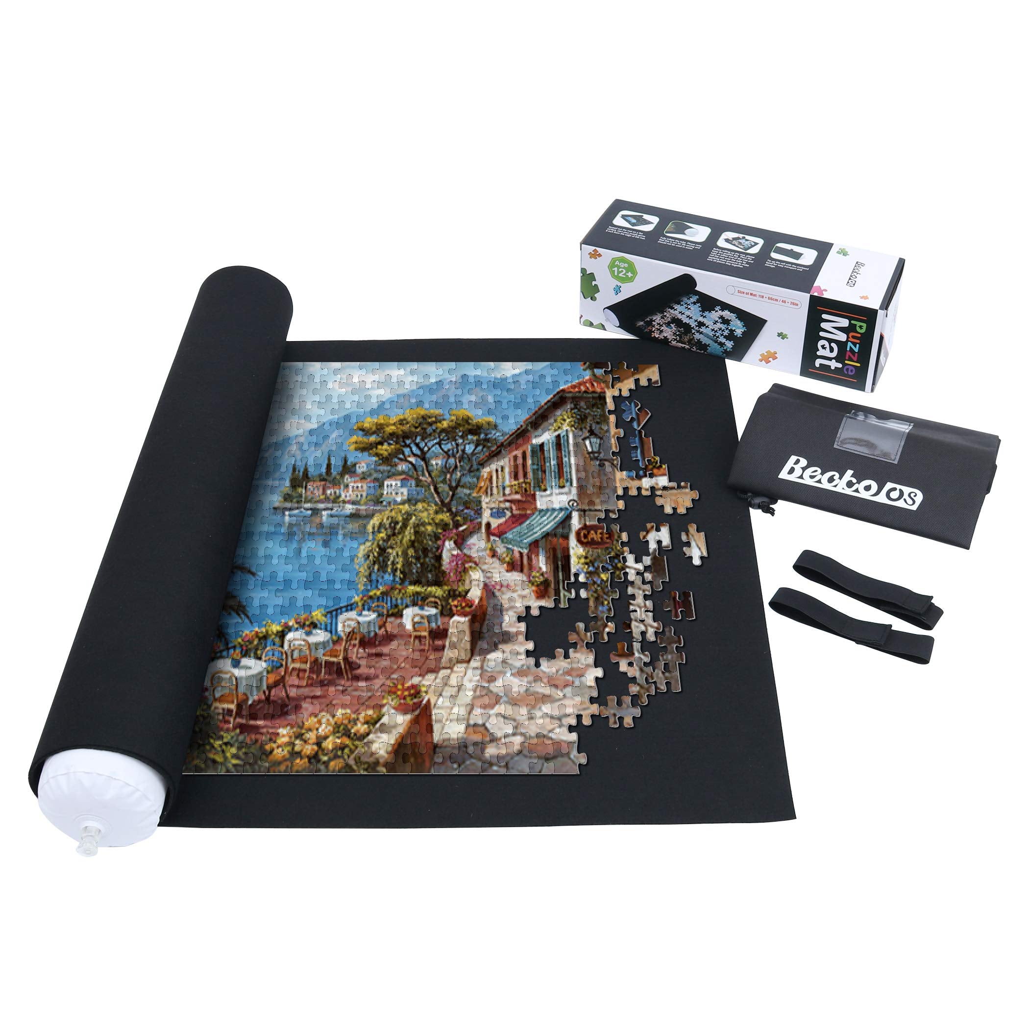Becko US puzzle mat rollup with inflated tube showing easy storage and protection of puzzles
