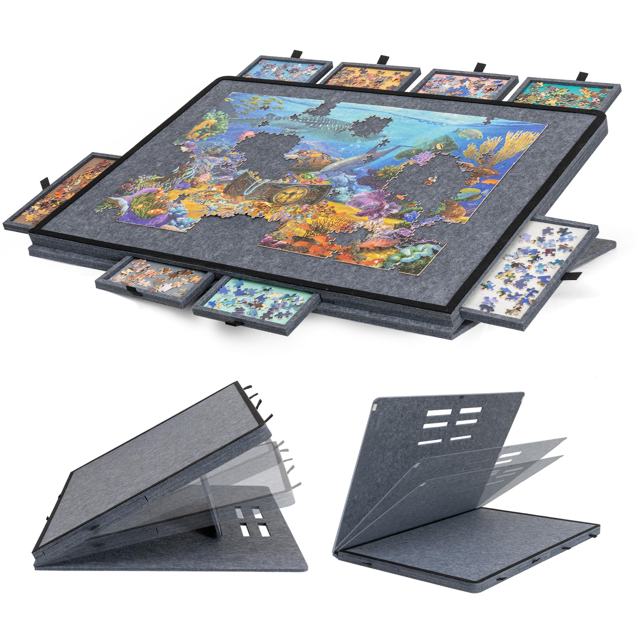 Becko US tilting puzzle board in use for comfortable, ergonomic puzzle play.