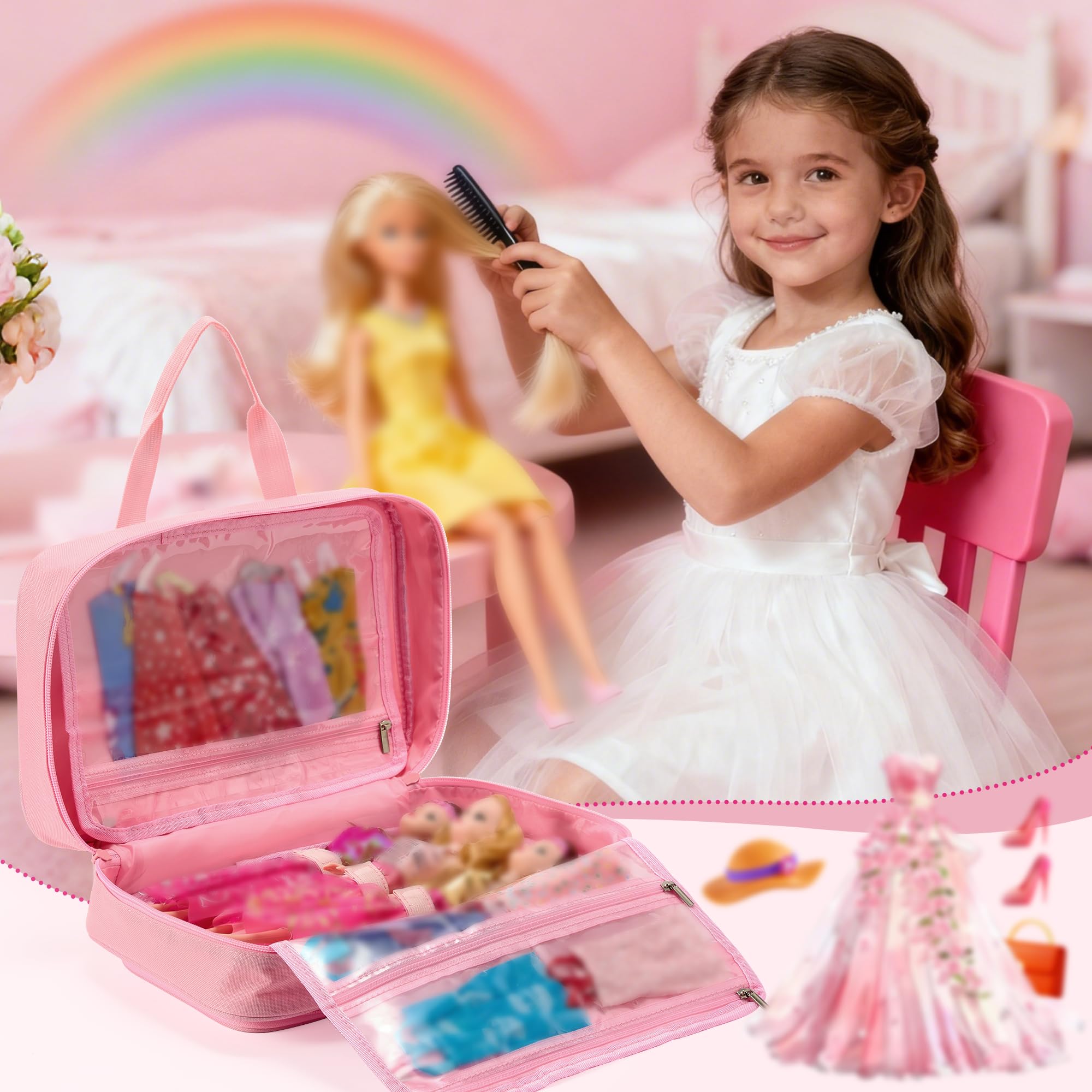 BECOSEFU doll case front shows transparent PVC pockets for clothes and accessories