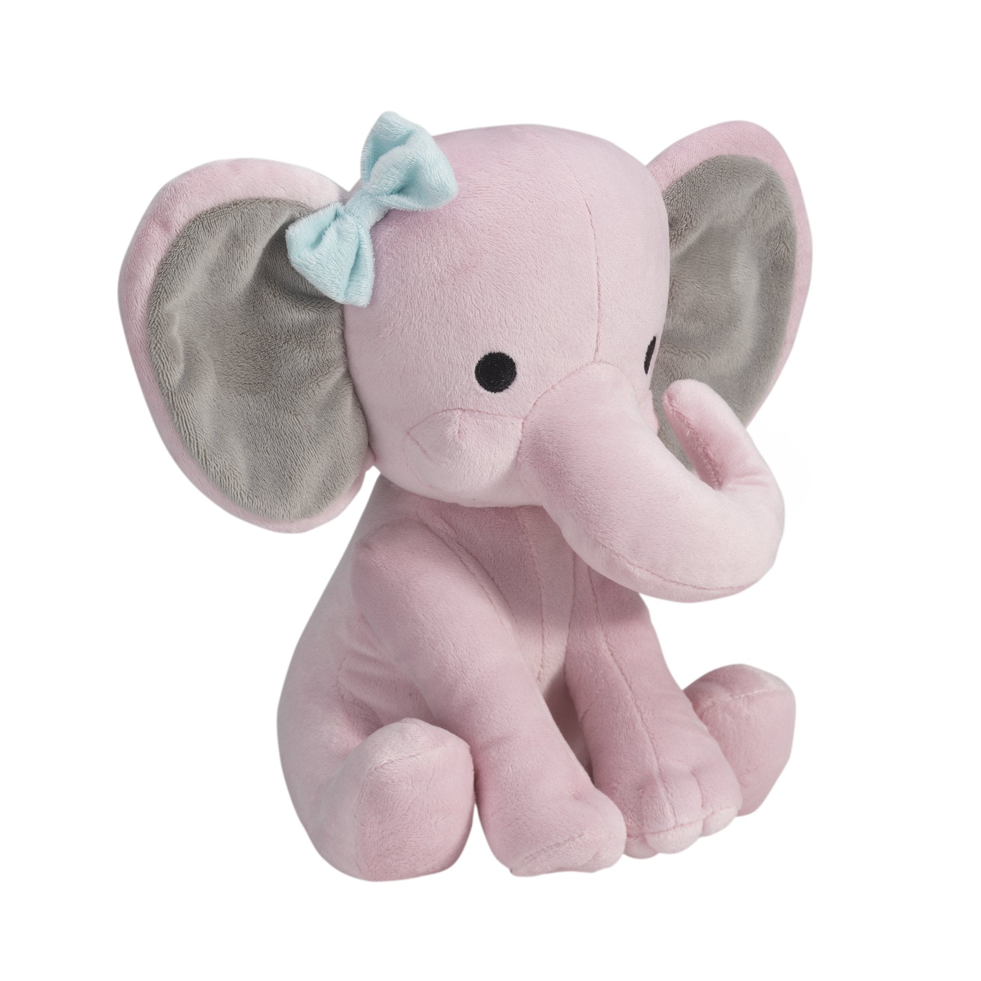 Bedtime Originals Hazel blue bow detail on pink elephant plush.