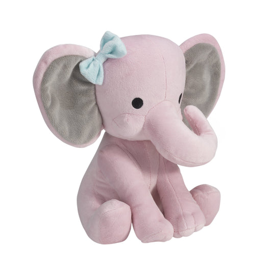 Bedtime Originals Hazel blue bow detail on pink elephant plush.