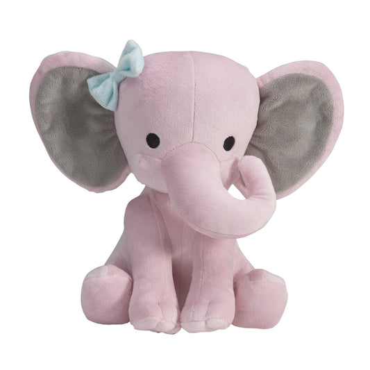 Bedtime Originals Hazel pink elephant plush with blue bow, soft cuddle buddy for bedtime.