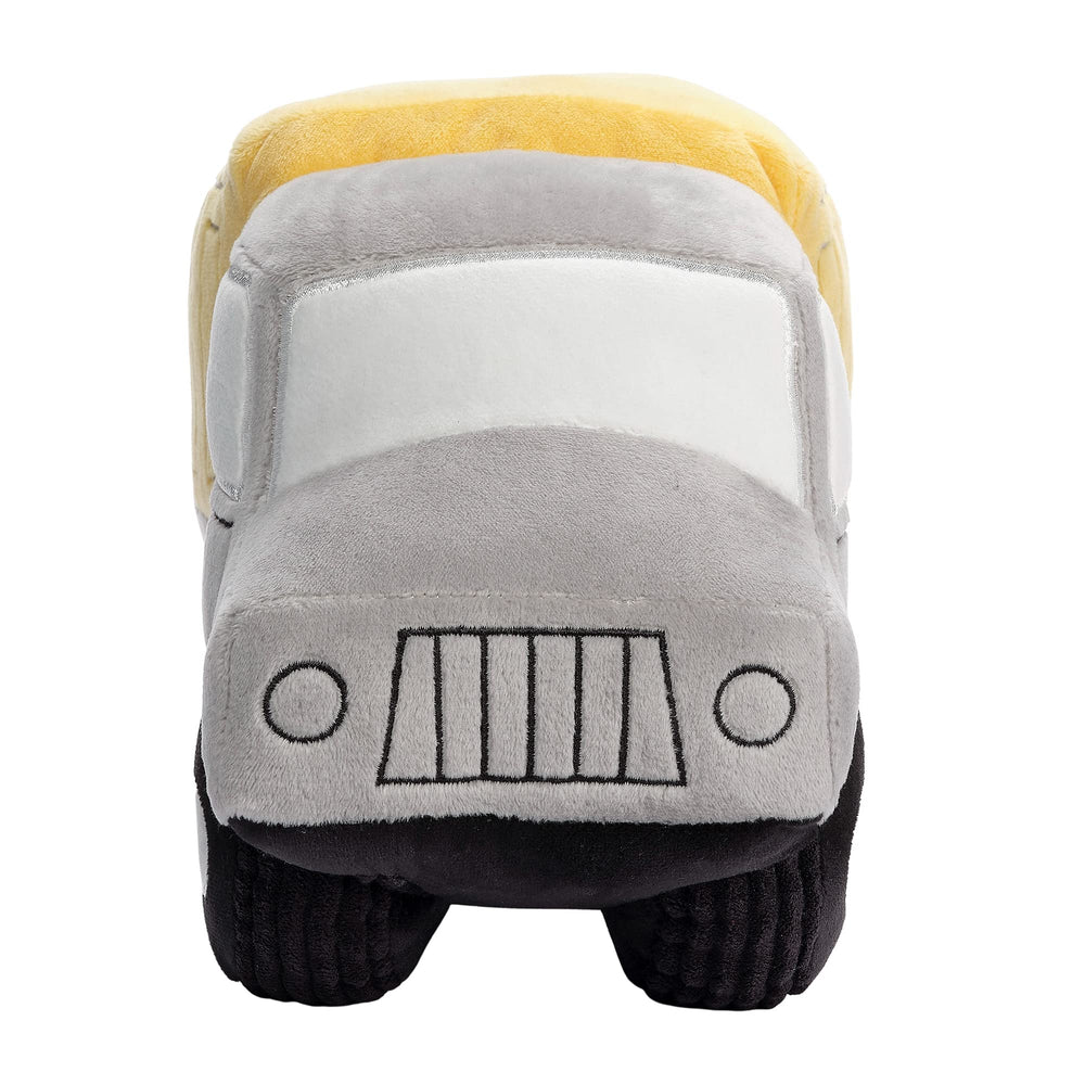 Bedtime Originals velour dump truck plush with embroidered details for baby-safe play.