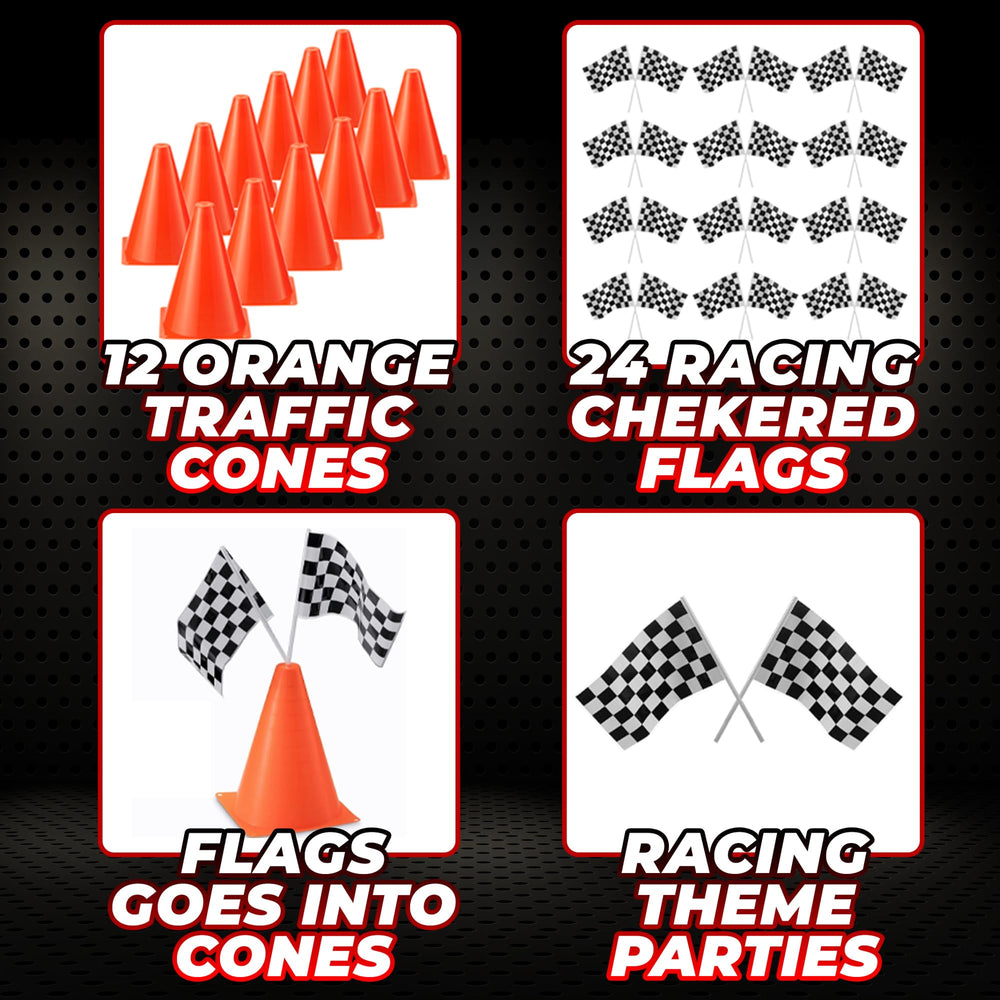 Bedwina checkered flags on sticks create a vivid finish line for celebrations.
