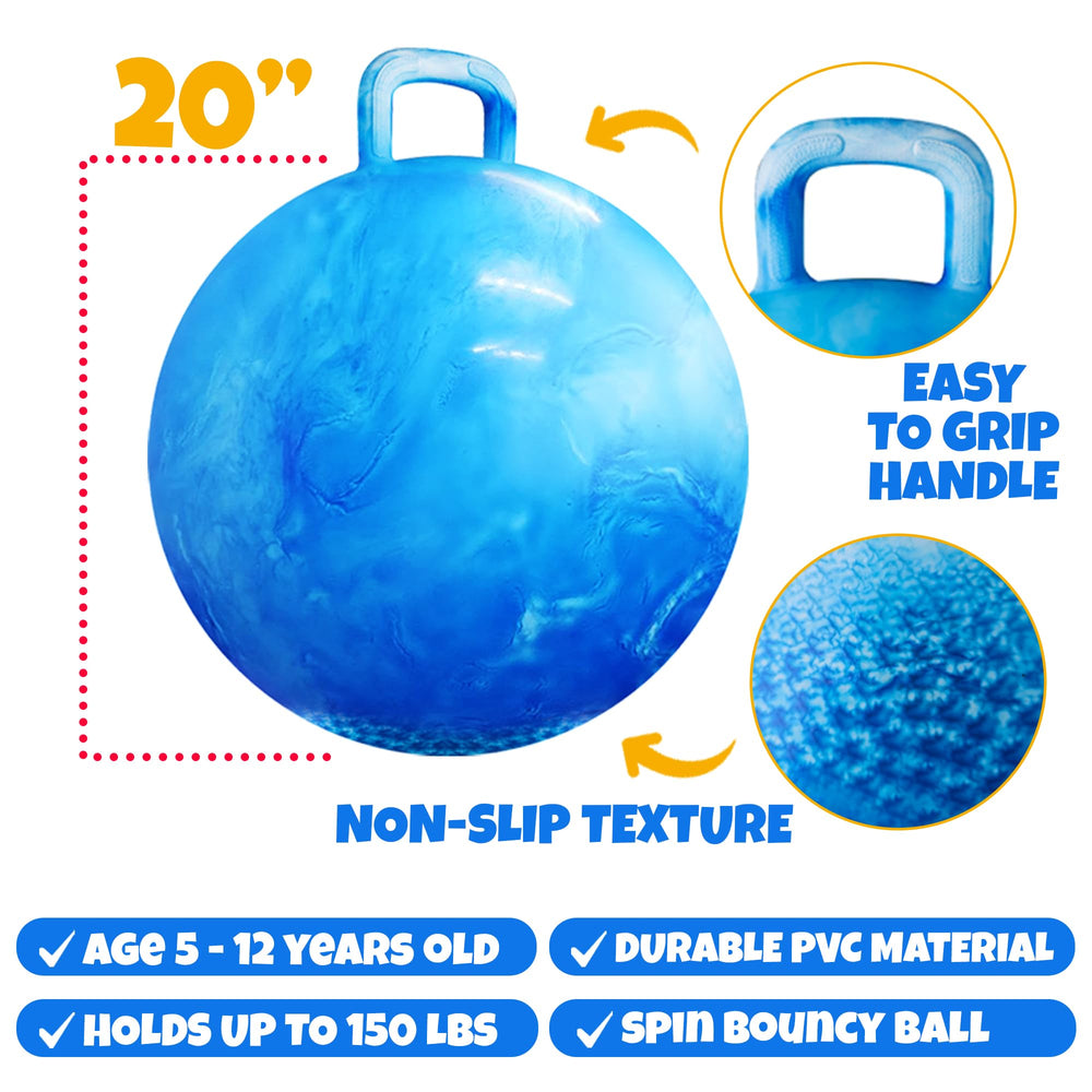 Bedwina hopper ball with handle grip enables secure bouncing and balance.