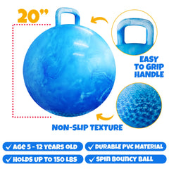 Bedwina hopper ball with handle grip enables secure bouncing and balance.