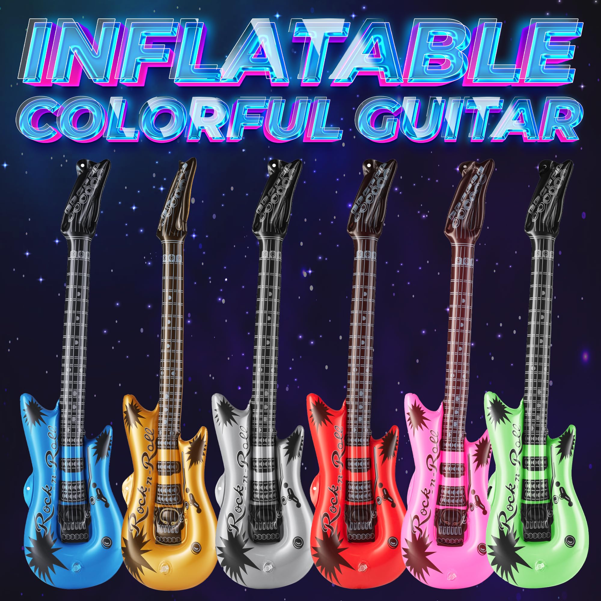 Bedwina gold inflatable guitar creates a bold party centerpiece and props.