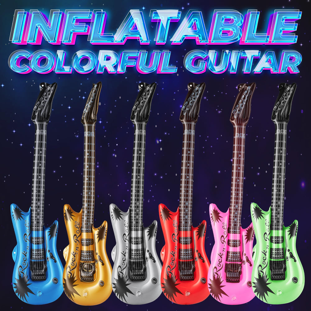Bedwina gold inflatable guitar creates a bold party centerpiece and props.