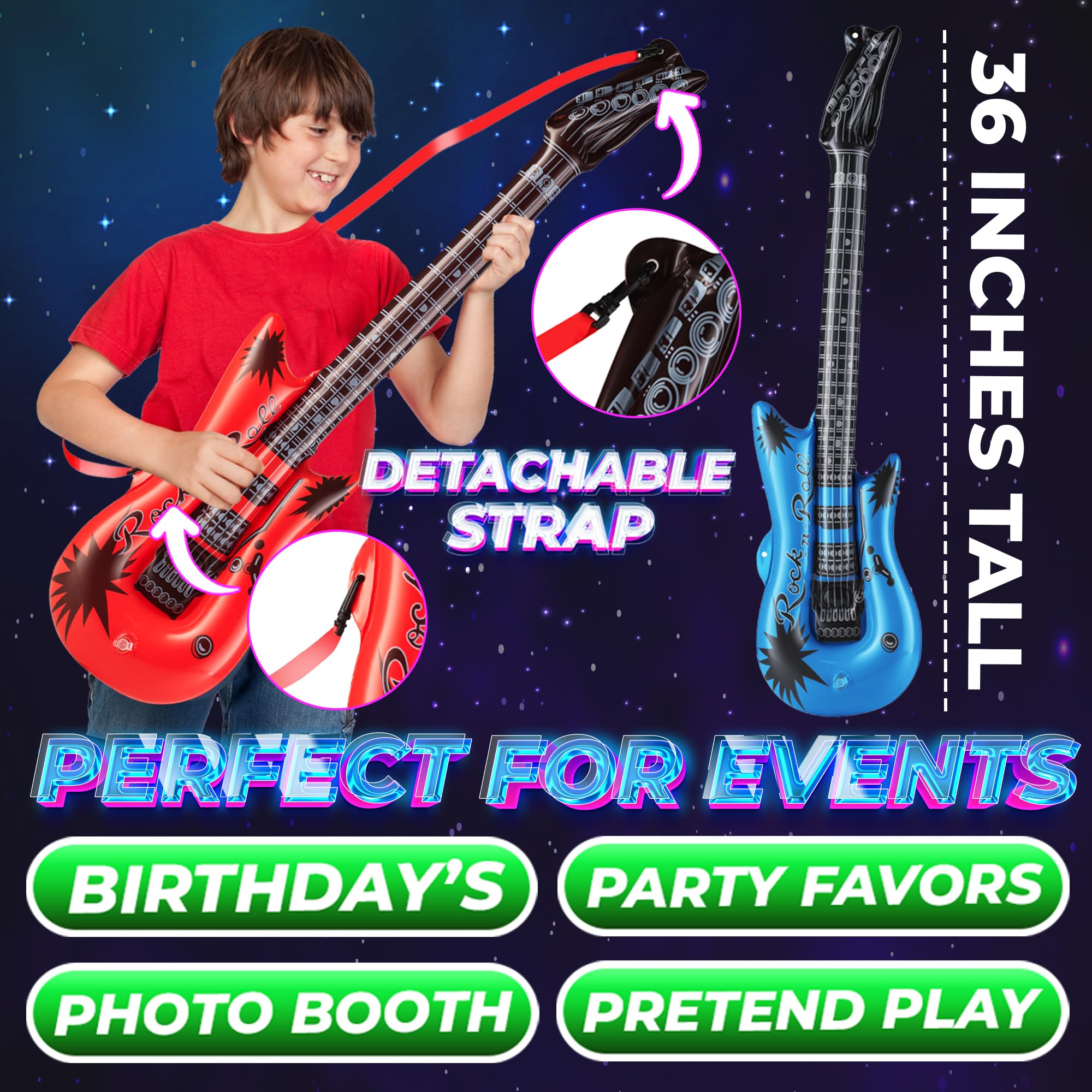 Bedwina inflatable guitar neon blue enhances photo booths and dance floor moments.