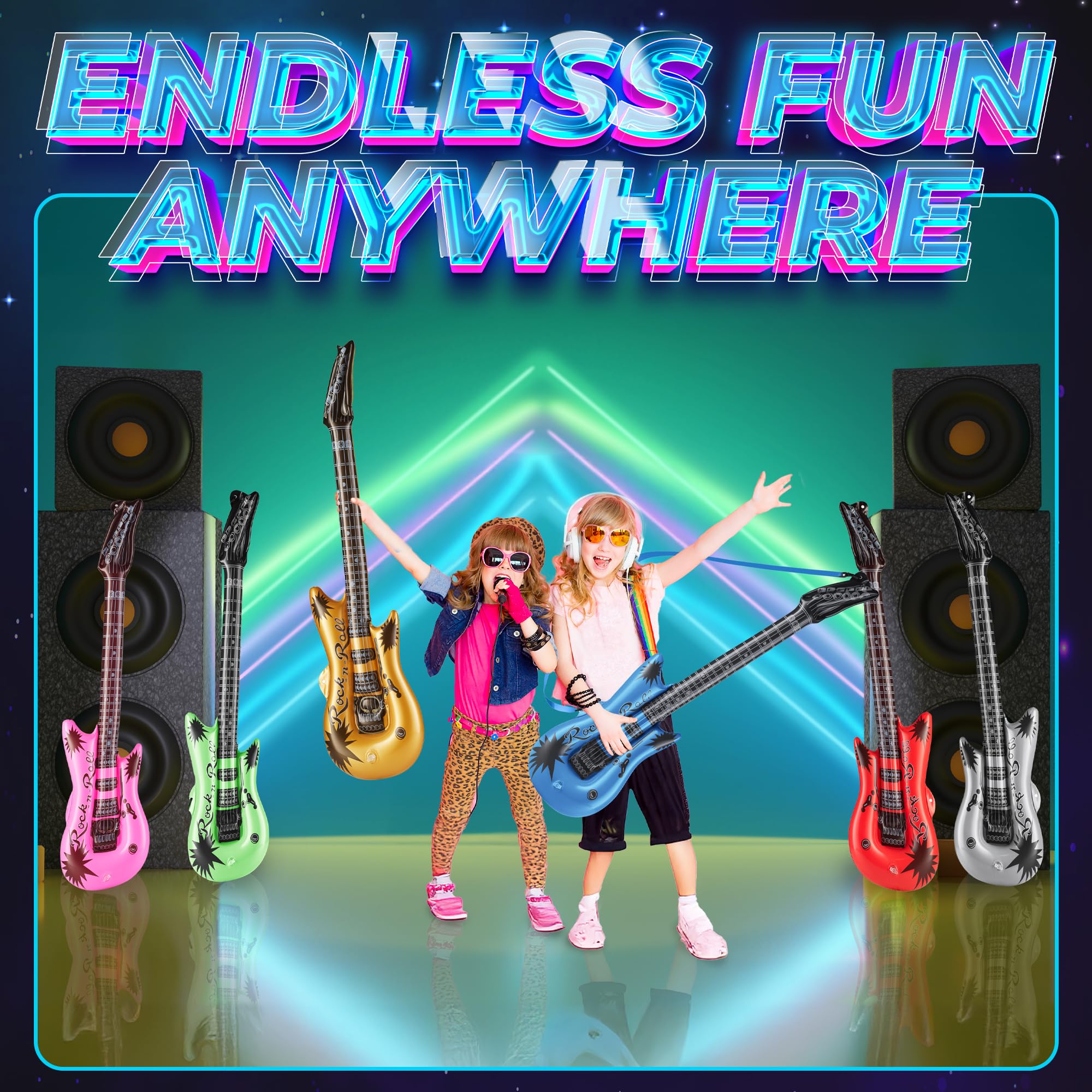 Bedwina 6-pack inflatable guitars deliver versatile props for birthdays and photo ops.