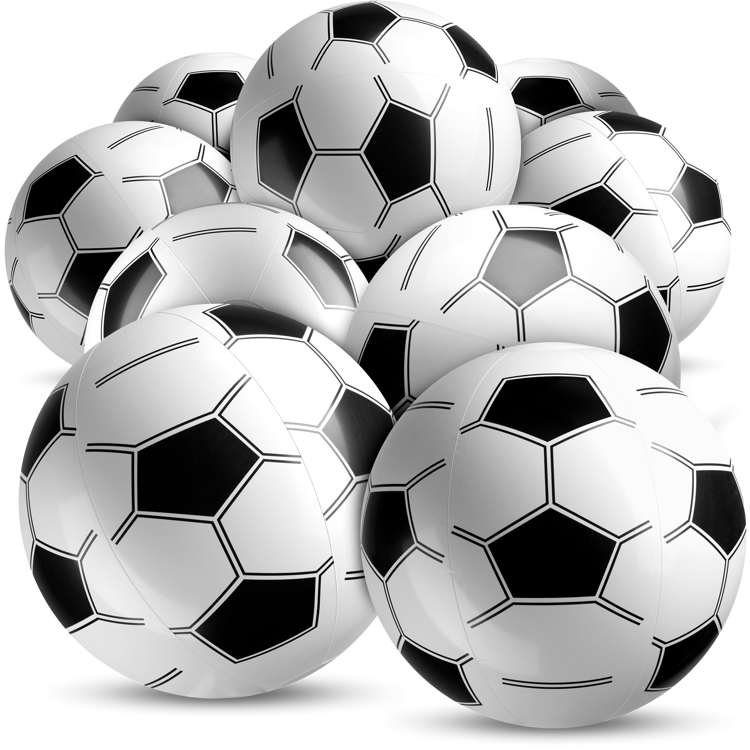 Bedwina inflatable soccer balls pack of 12 for beach games and pool parties.
